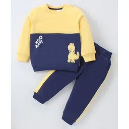 Mark & Mia Terry Knit Full Sleeves Winter Wear T-Shirt & Lounge Pant Set With Dino Patch - Yellow & Navy Blue-picture-26