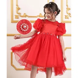 Mark & Mia Woven Balloon Sleeves Party Dress with Pearl Embellishments - Red-picture-19