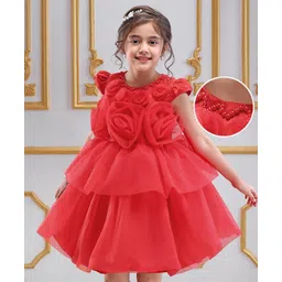 Mark & Mia Woven Cap Sleeves Party Dress with Floral Pearls & Beads Applique - Red-picture-24