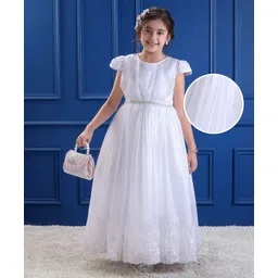 Mark & Mia Woven Cap Sleeves Party Gown With Floral Embroidery & Sequin Detailing - White-picture-12