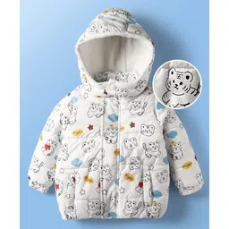 Mark & Mia Woven Full Sleeves Hooded Padded Jacket With Tiger Print & Pockets - White-picture-26