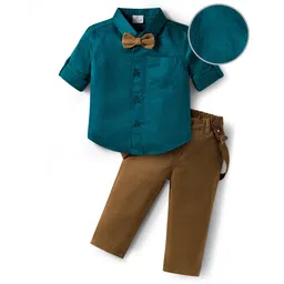 Mark & Mia Woven Full Sleeves Party Wear Solid Shirt & Trouser Set with Suspender & Bow - Teal Blue & Tan-picture-15