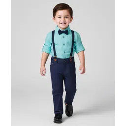 Mark & Mia Woven Full Sleeves Printed Party Shirt & Trouser Set with Bow & Suspender - Light Blue & Navy-picture-13