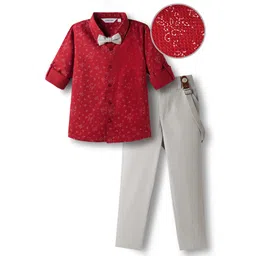 Mark & Mia Woven Full Sleeves Printed Party Shirt & Trouser with Bow & Suspender - Red & Grey-picture-11