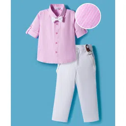Mark & Mia Woven Full Sleeves Striped Party Shirt & Trouser Set with Bow & Suspender - Pink-picture-20