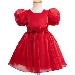 Mark & Mia Woven Half Puffed Sleeves Party Dress with Floral Applique - Maroon-picture-28