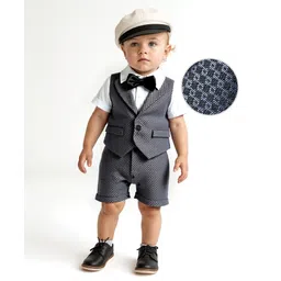Mark & Mia Woven Half Sleeves Checks Party Romper With Attached Waistcoat & Bow - Charcoal Grey-picture-12