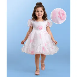 Mark & Mia Woven Half Sleeves Party Frock With Floral Print - White-picture-24