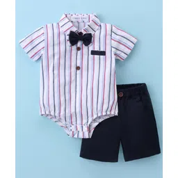 Mark & Mia Woven Half Sleeves Striped Party Onesie with Shorts & Bow - Blue-picture-16