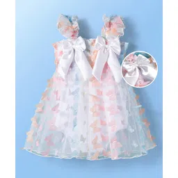 Mark & Mia Woven Sleeveless Party Frock Style Onesie with Bow Applique & Butterfly Print - Off White-picture-21