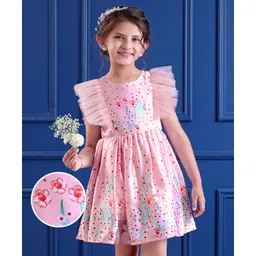 Mark & Mia Woven Sleeveless Party Frock with Floral Print & Frill Detailing - Pink-picture-21