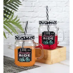 market 99 Printed Polka Dot 450 Ml Black Glass Set of 2 Mason Jar-picture-37
