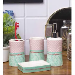 market 99 Pink Ceramic Pack of 4 : Soap Dispenser,Tooth Brush Holder,Tumbler, N Soap Dish image 1