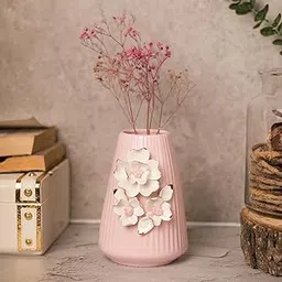 MARKET 99 Pink Ceramic Vase- Engraved Floral & Ribbed Pattern, Flower Holder | Vase for Flower Pot, Gift, Home Decor, Bedroom, Office, Living Room, Aesthetic |Dimension|- 12 X 12 X 16 Cm-picture-11