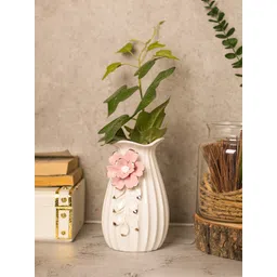 MARKET99 Off White & Pink Textured Ceramic Flower Vase-picture-23
