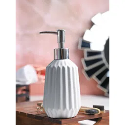 MARKET99 White & Silver Toned Ribbed Ceramic Soap Dispenser - 320 ML-picture-17