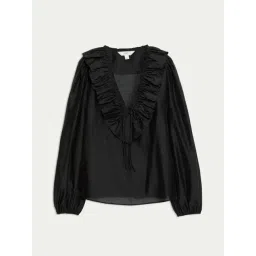 Marks & Spencer Black Lyocell Rich Frill Detail V-Neck Top image 4