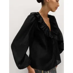 Marks & Spencer Black Lyocell Rich Frill Detail V-Neck Top image 5