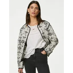 Marks & Spencer Floral Printed Collarless Reversible Quilted Pure Cotton Open Front Jacket-picture-17