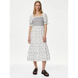 Marks & Spencer Floral Printed Puff Sleeves Fit & Flare Midi Cotton Dress-picture-11