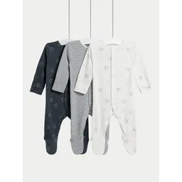 Marks & Spencer Kids Pack Of 3 Printed Pure Cotton Sleepsuits-picture-30