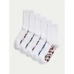 Marks & Spencer Kids Pack Of 5 Leopard Printed Cotton Ankle Length School Socks-picture-25