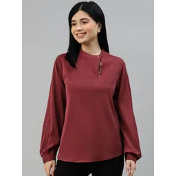 Marks & Spencer Maroon Solid Mandarin Collar Top-picture-42