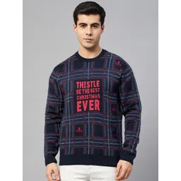 Marks & Spencer Men Navy Blue & Red Pure Acrylic Typography Checked Pullover-picture-17