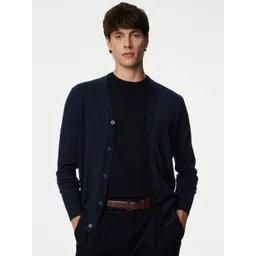 marks & spencer Men Solid V Neck Blue Sweater-picture-13