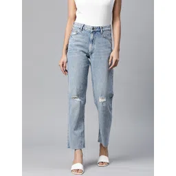 Marks & Spencer Women Blue Solid Boyfriend Fit Low Distress Stretchable Jeans-picture-29