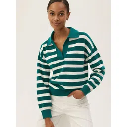 Marks & Spencer Women Green & White Striped Pullover-picture-20