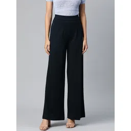 Marks & Spencer Women Navy Blue Solid Loose Fit Pleated Parallel Trousers-picture-33
