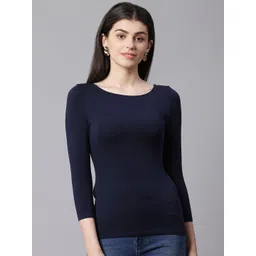 Marks & Spencer Women Navy Blue Solid Round Neck T-shirt-picture-33