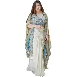 maruti fashion house Lehenga Choli Indo-Western Draped Saree Set For Womens And Girls Ready To Wear Hevay Chinon Silk Fabric With Work Multi Thread Embroidery Coding Sequence Sky Blue-picture-33