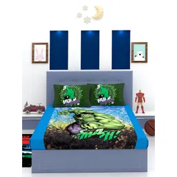 Marvel Blue & Green Cartoon Characters 180 TC Cotton King Bedsheet with 2 Pillow Covers-picture-29