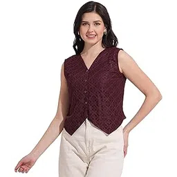 masalli fashion Women's Wine Lace Fabric Waist Coat-picture-26