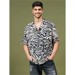 MASCLN SASSAFRAS Beige & Black Relaxed Animal Printed Casual Shirt-image-47