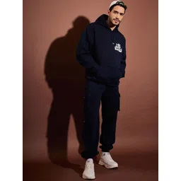 MASCLN SASSAFRAS Navy Blue & White Typography Printed Hooded Oversized Tracksuit-image-46