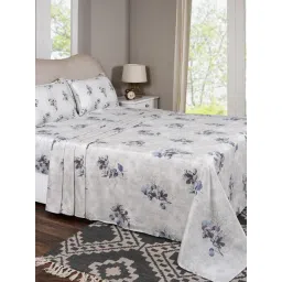 Maspar Everbloom Blue Cotton Floral 300 TC King Flat Bedsheet with 2 Pillow Cases-picture-27