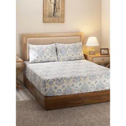 Maspar Hues Nouveau Tradition Lawn Rerun Blue Cotton 300 TC Double Bedsheet & 2 Pillow Covers-picture-30