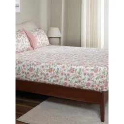 MASPAR Pink Floral Printed Pure Cotton 200 TC Fitted Single Bedsheet Set 2.24 m x 1.52 m-picture-32