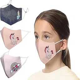 MASQ By Q-One Special_Power 4 Layer, Reusable, with Lanyard & Ear Adjusters, Anti-Bacterial, BFE>99% Embroidered Cotton Cloth Face Mask for Kids (7-12 Years, Denim Blue-Pink-Peach, Pack of 3,-picture-31