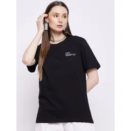 Mast & Harbour Black Typography Printed Oversized Pure Cotton T-shirt image 4