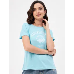 Mast & Harbour Blue & White Typography Printed Pure Cotton T-shirt-picture-26