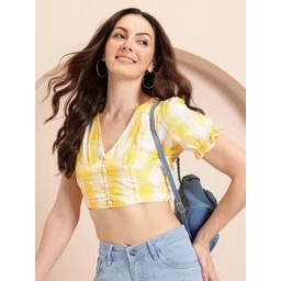 Mast & Harbour Checked Puff Sleeves Cotton Crop Top-picture-17