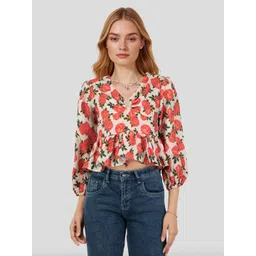 Mast & Harbour Floral Print Puff Sleeve Peplum Crop Top-picture-19