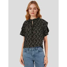Mast & Harbour Floral Print Tie-Up Neck Flutter Sleeve Ruffled Top-picture-39