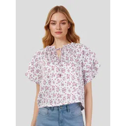 Mast & Harbour Floral Print Tie-Up Neck Flutter Sleeve Ruffled Top-picture-27