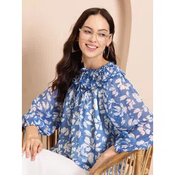 Mast & Harbour Floral Print Tie-Up Neck Puff Sleeve Dobby Top-picture-28