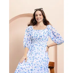Mast & Harbour Floral Printed Puff Sleeves Smocked Tiered Fit and Flare Midi Dress-image-38
